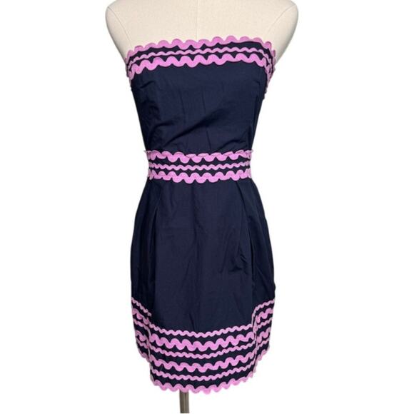 French Connection Wizard Strapless Dress rick rack trim navy blue purple size 6 - Picture 6 of 6